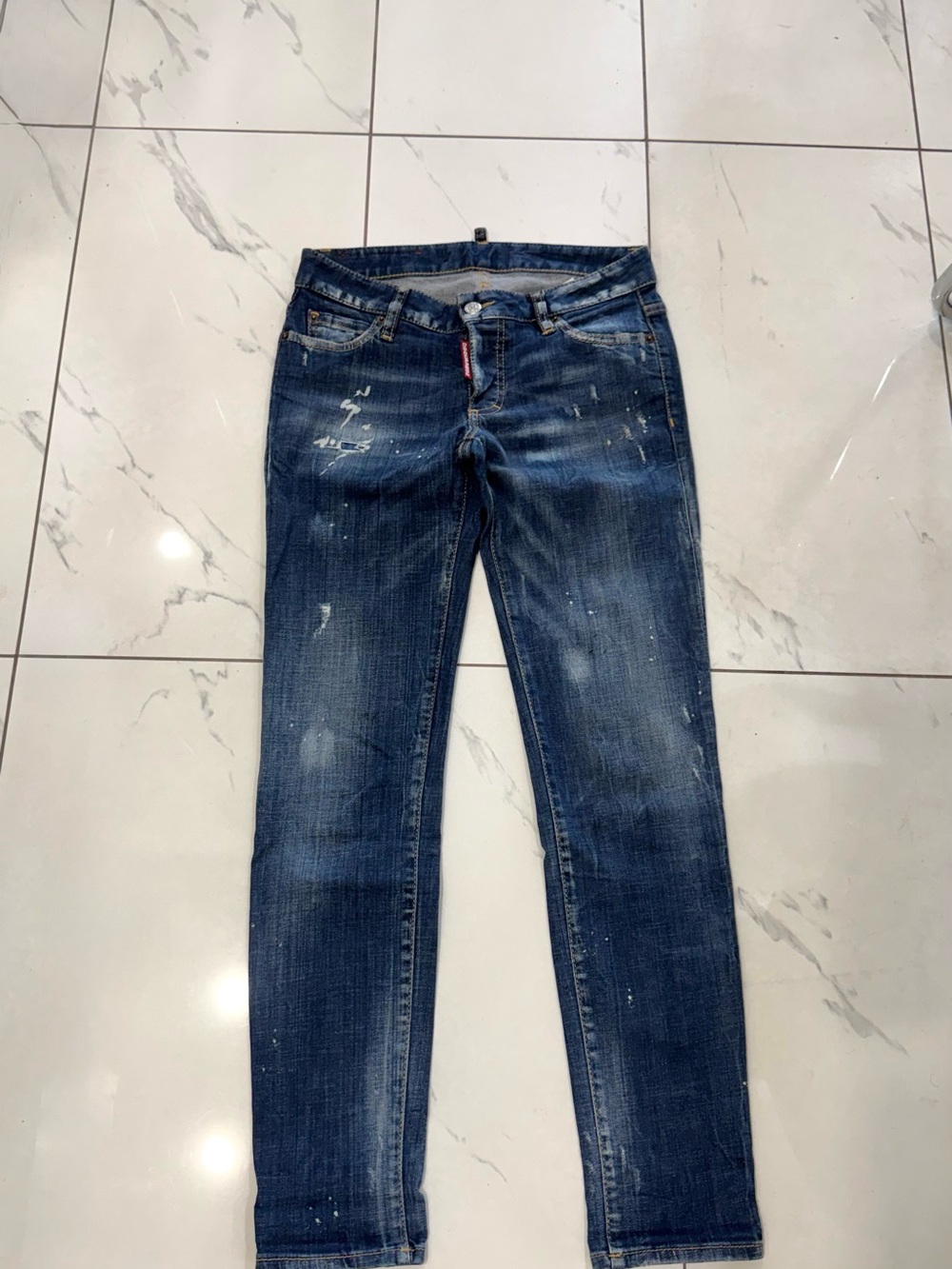 DSQUARED2 Women’s Low-Rise Skinny Jeans in Distressed Dark Blue Denim